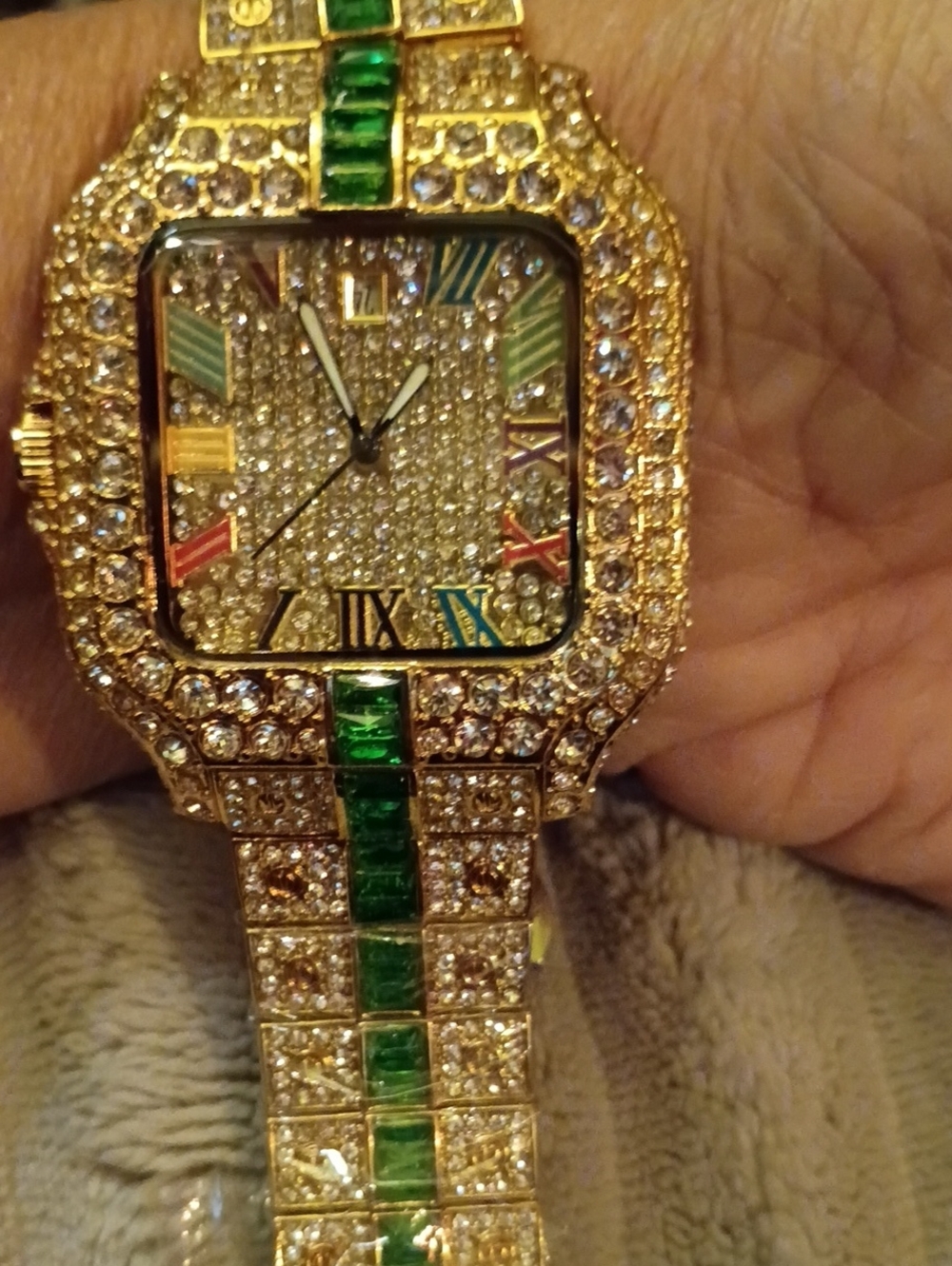 Gold and Green Pavé Crystal Watch Bracelet